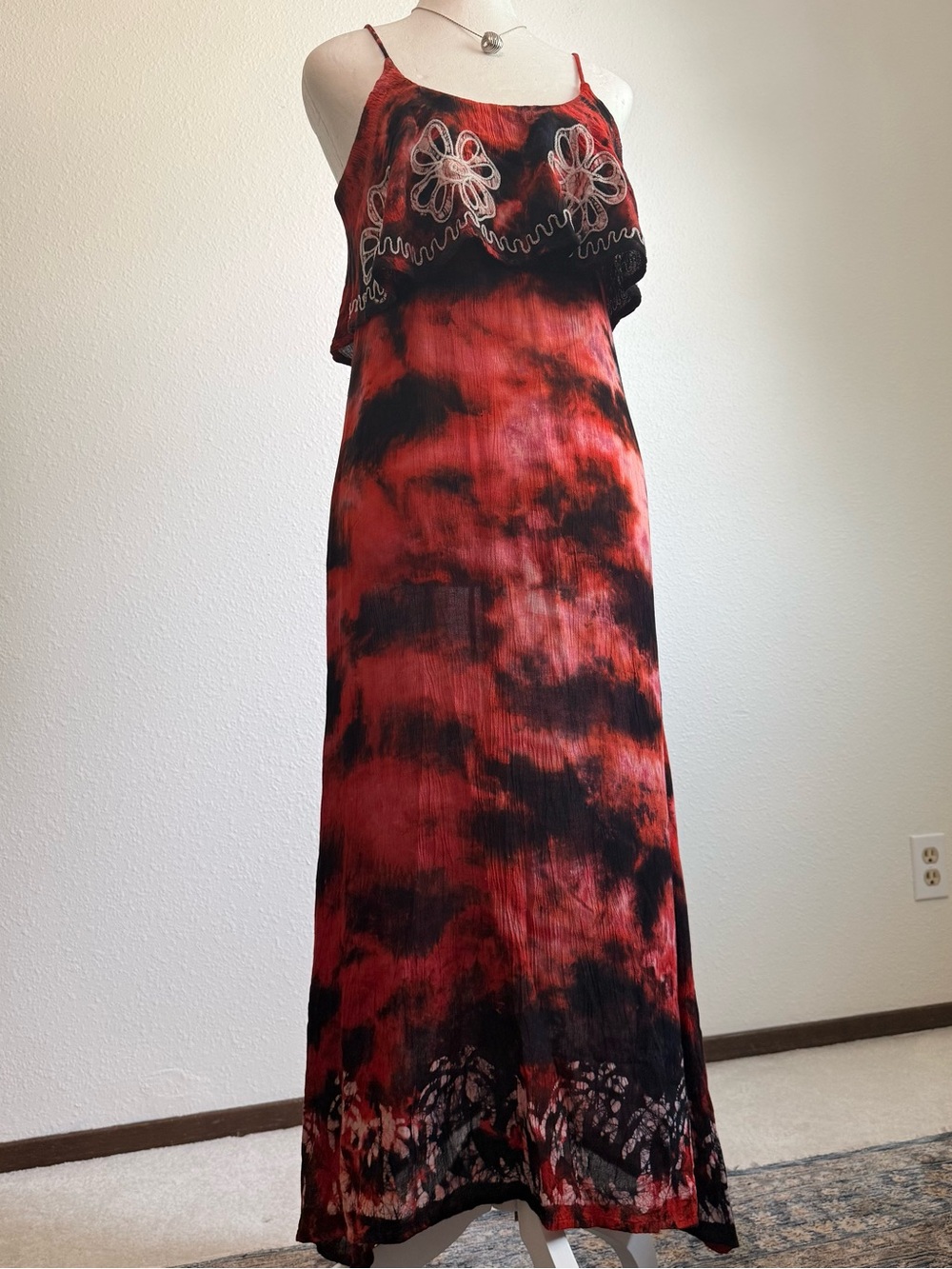 Shoreline Tie Dye Embroidered Maxi Dress Boho Coastal Cowgirl Hippie